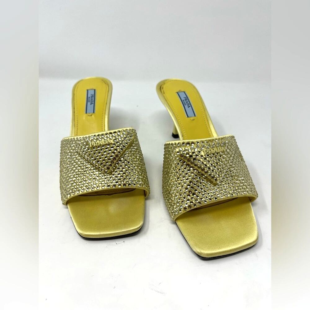 Prada Crystal Embellished Satin Mules Butter Yellow Triangle Logo Open Toe 37.5 - Picture 4 of 9
